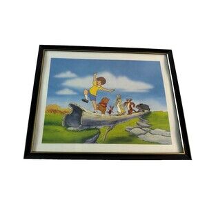Disney Lithograph Print Winnie the Pooh Friends Christopher Robin Black Frame